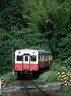 A train rolls up in deep mountainous surroundings